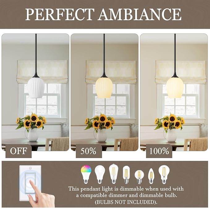 Black Pendant Lights Kitchen Island 2 Pack, 5.8" Modern Milk Glass Pendant Light Fixtures with Rods, Mini Hanging Lighting for Kitchen Island Sink Bathroom Dining Room, E26 Base