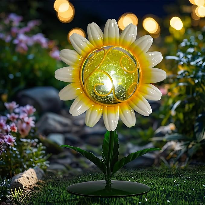 MUMTOP Solar Lanterns Outdoor - Sunflower Solar Lights Decorative, Tabletop Lantern Lamp Ornaments with Cracked Glass for Yard Patio Garden Outside Decorations