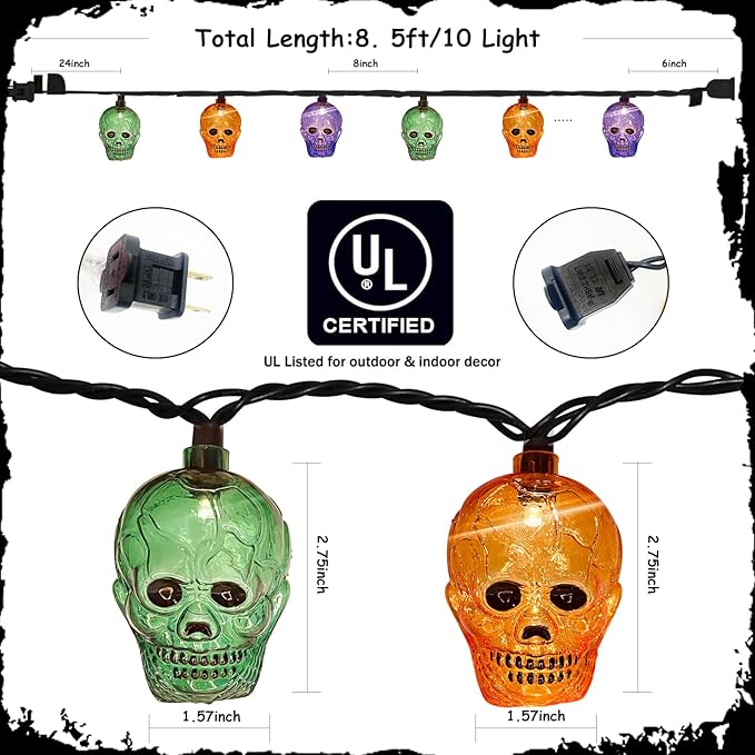 Halloween Skeleton Lights,8.5Ft Halloween Skull Lights with 10 LED Orange Purple Green Skeleton Lamp Waterproof UL Listed for Indoor Bedroom Patio Doors, Windows, Porches, Halloween Party Decor