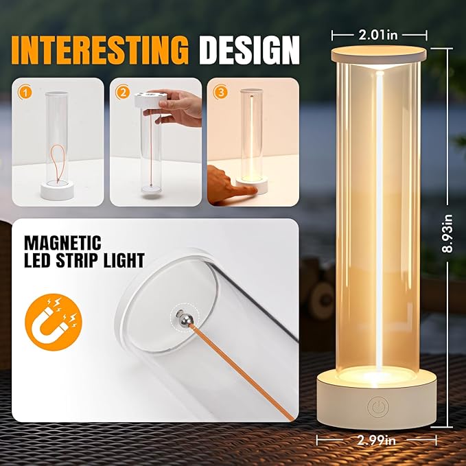 Indoor Outdoor Table Lamp Cordless,Rechargeable Battery Powered Lamp 3-Mode Touch Dimmable,IP54 Waterproof Portable Lamp for Bedside Reading,Patio Grill,Gazebo Party,Camping Tent (White)