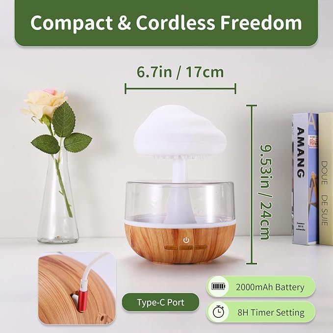 Weljoy Mushroom Cloud Rain Lamp, 7 Color Changing LED Tabletop Fountain with Water Drip Sounds, USB Rechargeable Desk Decor for Home, Office (Wood Grain Base)