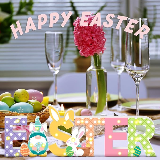 Menkxi Easter Wooden Decoration "EASTER" Letter Table Decor LED Light up Wooden Sign with Bunny and Gnome Tiered Tray Decor for Home Spring Party Room Desk Decoration