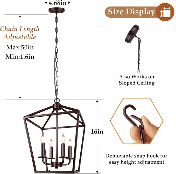 Farmhouse Chandelier 4-Light, Oil-Rubbed Bronze Pendant Light Fixture for Kitchen Island Dining Room, Lantern Industrial Lighting Ceiling Hanging with Metal Cage Adjustable Height for Entryway Foyer
