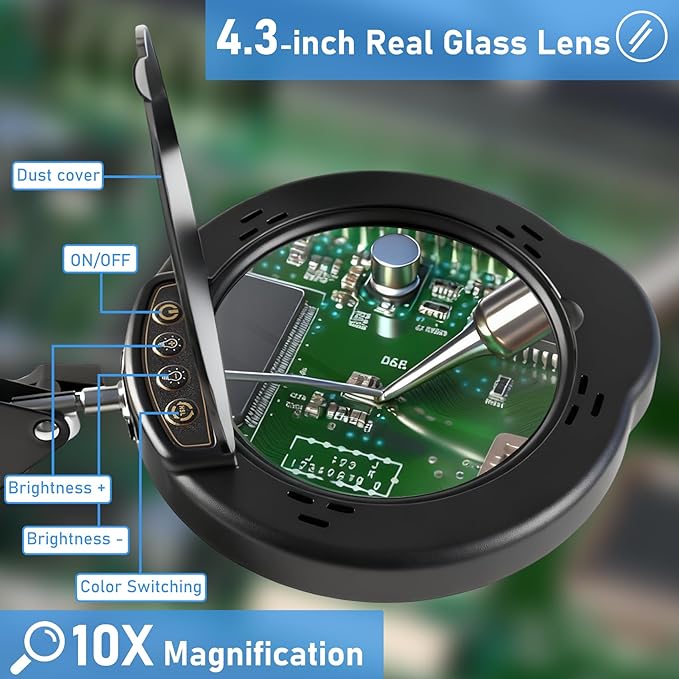 Helping Hands Soldering Station with Light and Stand, 4.3" 10X Soldering Magnifying Glass with 4 Flexible Helping Arms, 5 Color Mode, 10 Dimmable Levels for Electronics Repair, Jewelry, Hobby