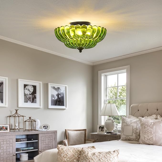 Modern Black Ceiling Light Fixture, 12" Green Glass Flush Mount Chandeliers, Semi Flush Mount Ceiling Light Fixture Suitable for Living Room Hallway Kitchen Bedroom
