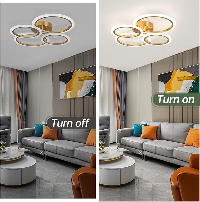 Modern LED Ceiling Light, 4 Rings LED Dimmable Flush Mount Ceiling Light with Remote Control, Gold Close to Ceiling Lamp for Kitchen Living Room Bedroom Laundry Room Ceiling Lighting Fixture