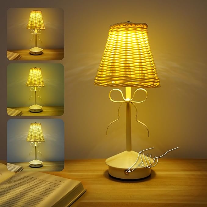 Boho Bow Rattan Table Lamp, Cordless Wicker Woven Vintage Table Lamp - LED Rechargeable Touch Control 3 Color Dimmable Reading Bedside Lamp for Bedroom Living Room Office, Home Outdoor Decor