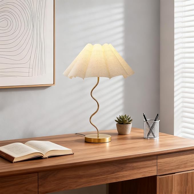 Small Table Lamp, Pleated Table lamp for Bedroom, Bedside Lamps for Nightstand with Linen Lampshade, Modern Lamp for Bedroom Home Office Decor, Gold.