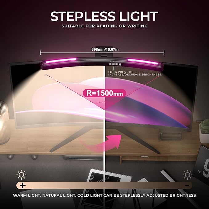 Monitor Light Bar Curved, RGB Backlight, Computer Screen Lamp for Eye Care, Dual Light Mode with Touch Control Timed, Gaming Accessory, Radius of Curvature 1500 mm