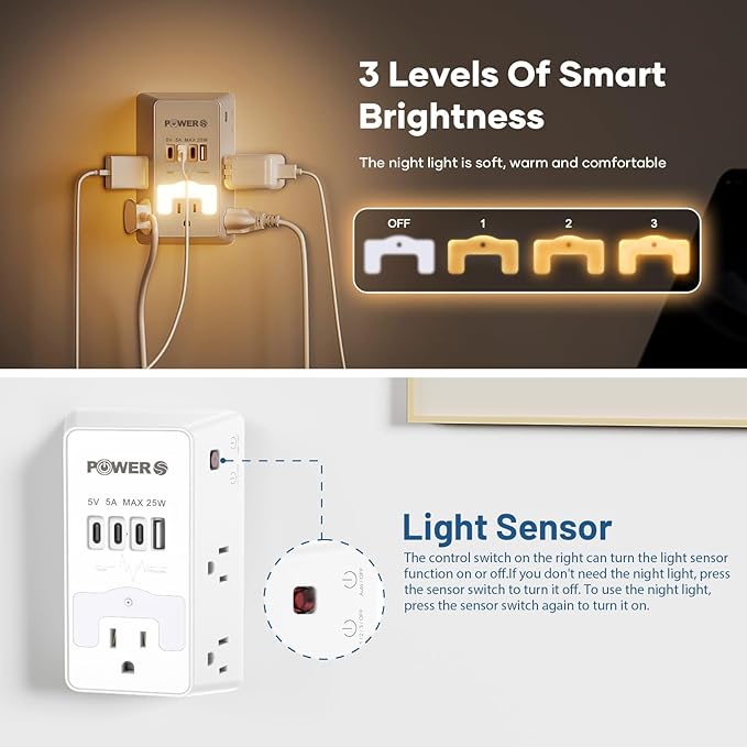 Electrical Outlet Extender with USB Ports (3C1A), Snug Wall Outlet with Night Light, Surge Protector, Wall Plug Adapter for Multiple Devices, Wall Socket Expander