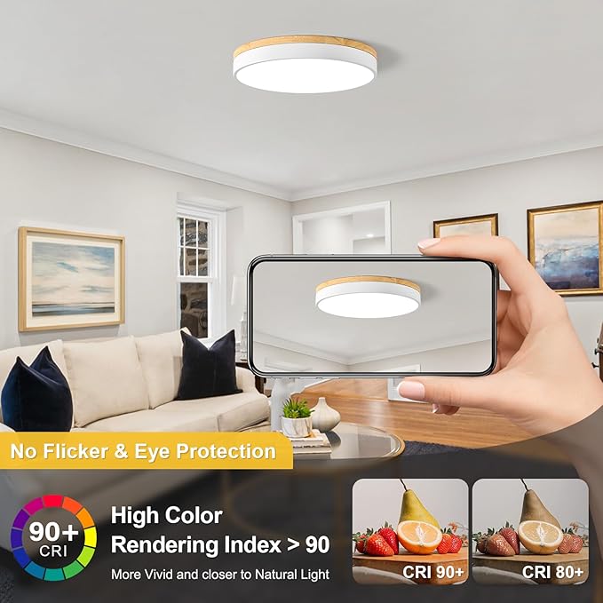 Dimmable Wood LED Ceiling Light, 5CCT 2700K-6000K, 15.74in Modern White Minimalist Flush Mount Lamp for Bedroom, Living Room, Kitchen