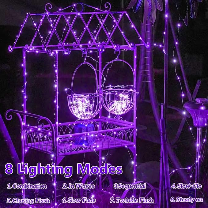 YEGUO 4 Pack Purple Solar Fairy Lights, Each 33ft 100 LED Christmas Lights Outdoor Waterproof, 8 Modes Sliver Wire Solar String Lights