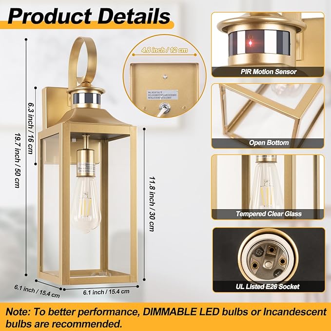 Large Motion Sensor Outdoor Wall Light 20" - Gold Dusk to Dawn Outdoor Lighting, Modern Wall Mount Light Fixture, Waterproof Porch Light Fixture for Outside House Garage, 3 Modes/Anti-Rust