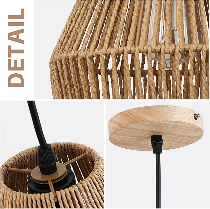 8.7'' Woven Rattan Pendant Light Fixture, 2 Pack Boho Pendant Lights Kitchen Island Lighting with Handwoven Wicker Shade, Natural Coastal Hanging Light Fixtures for Bedroom Dining Room Bar