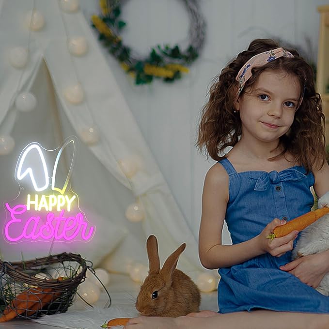 Happy Easter Neon Sign for Wall Dimmable Bunny LED Light Sign for Bedroom Kids Room Pink White Rabbit Decor Easter Lights for Holiday Party Supplies Cute Animal Night Light Gift 15" x 12.6"
