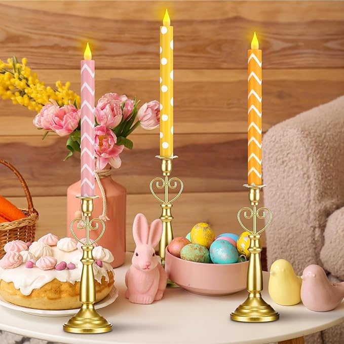 Honoson 6 Pcs Easter Flameless Taper Candles 10.6 Inch Colorful Candles Battery Operated LED Candlesticks for Easter Dinner Table Home Party Decor