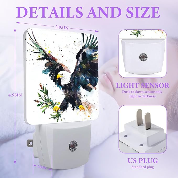 Eagle Night Light,Green Leaves Plug-in Night Lights with Dusk-to-Dawn Sensor for Bedroom,Bathroom and Living Room Sleep Friendly lamp 0.5w