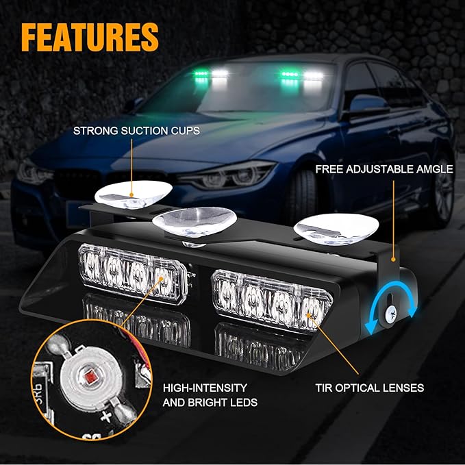 XRIDONSEN 2 in 1 Green White Dash Emergency Strobe Lights Interior Windshield Warning Safety Flashing Lights w/Suction Cups for Construction Vehicles, Truck (2×7.16 inch, 16 LED)