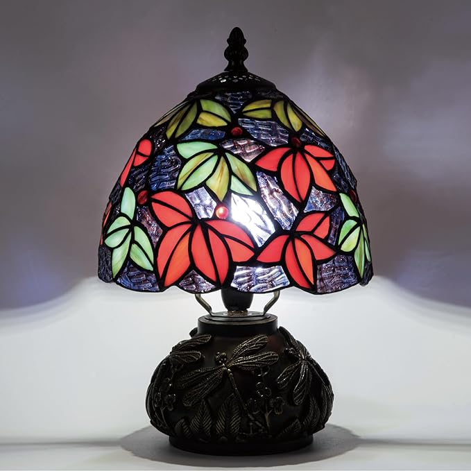 Tiffany Stained Glass Mushroom Table Lamp 8" Purple Blue Red Maple Leaf Floral Shade Nightstand Light for Bedroom Dorm Living Coffee Office Housewarming Gift (Purple Blue Maple Leaf)