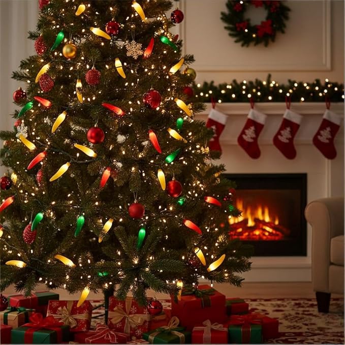 Red Green and Yellow Chili Pepper String Lights, 13.6Ft Multicolor Christmas Decorations Lights with 35 Hot Chili Pepper Bulbs, Warm White Chili Pepper Lights for Kitchen Patio Garden Cinco de Mayo