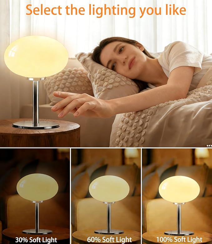 Glass Mushroom Lamp, Mid Century Dimmable Lamp 3 Color Temperatures Table Lamp for Bedroom Living Room Bedside Lamp, Cute Lamp Modern Small Lamp (8W, Beige)