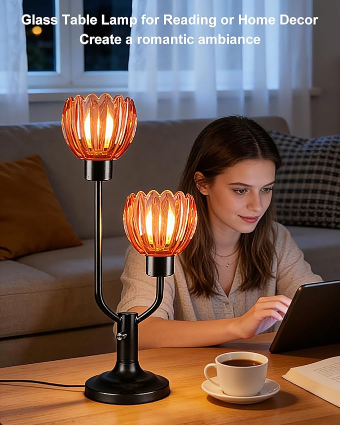 Lightdot Mid Century Modern Glass Table Lamp Black Dimmable U-Shaped Desk Lamps with Deep Red Lotus Glass Shade& 2Pcs 3000K Warmwhite Bulbs Included Bedside Nightstand Lamp for Living Room Bedroom
