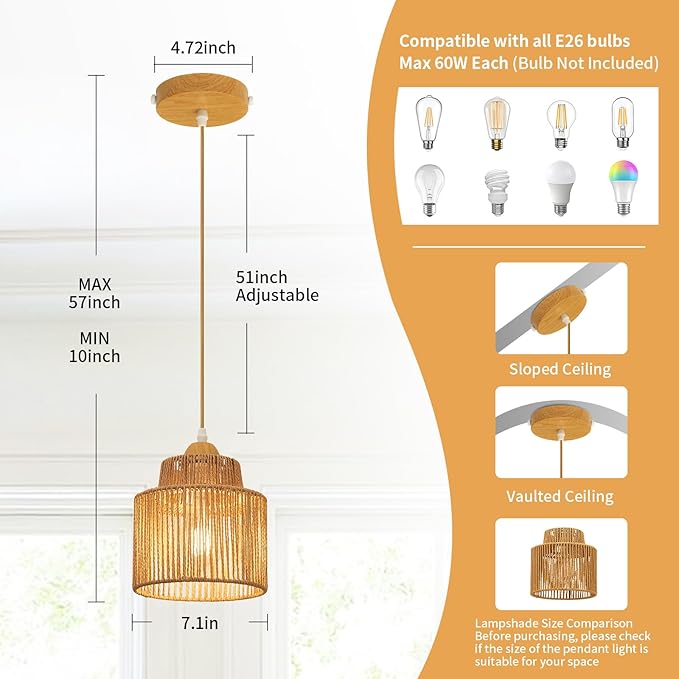 Boho Rattan Pendant Light Kitchen Island,Farmhouse Chandeliers Adjustable Height Hanging lamp for Dining Room,Kitchen Ceiling Lights Fixtures with Round Woven Wicker Lampshade Lighting