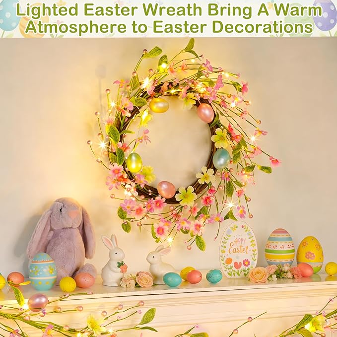 Timer - 20 Inch Easter Wreaths for Front Door Easter Decorations, Easter Wreath with 20 LED Lights Colorful Eggs Flowers Leaves Berried Spring Wreath Decor for Home Holiday Farmhouse Indoor Outdoor