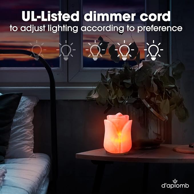 d'aplomb 100% Authentic Natural Himalayan Salt Lamp;Hand Carved Flower Rose Crystal Rock Salt from Himalayan Mountains; Dimmer Cord (Pink Flower)