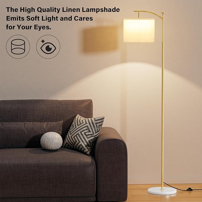 Ambimall 60" Floor Lamps for Living Room with 3 Color Temperatures, Gold Standing Lamp with White Marble Base, Modern Tall Lamps for Bedroom Office, 9W LED Bulb Included