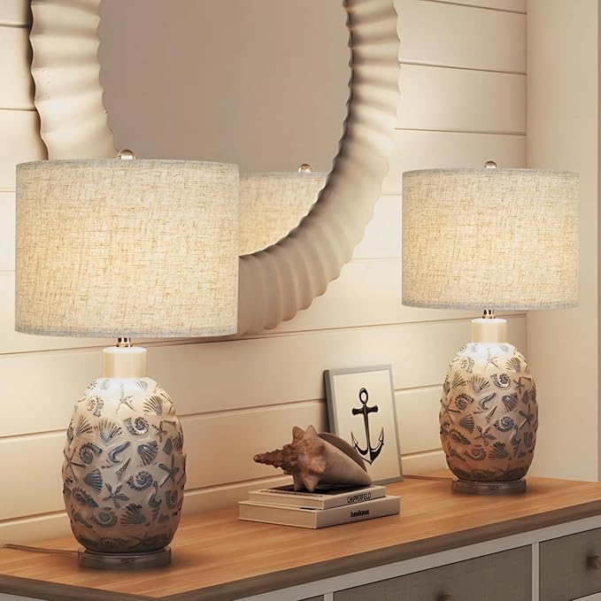 Beige Lamp shades Set of 2, Large Linen Drum Lampshades, 13" Top x 13" Bottom x 10" High Lamp Shade, Replacement Lampshades for Table and Floor Lamps, Pendant Light, Handcrafted, Easy Assembly