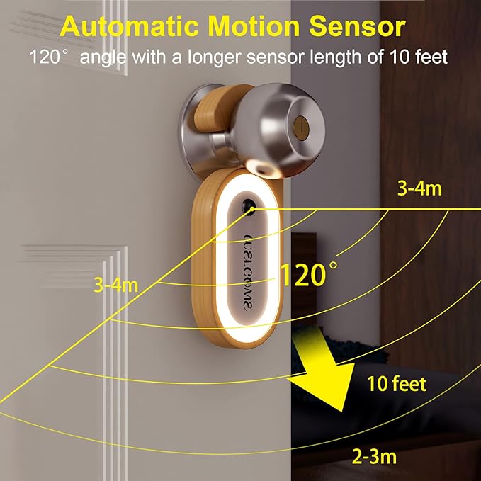Wooden Message Memo Motion Sensor Door Key Night Light, Doorknob Board LED Door Lock Lamp, Rechargeable Doorhandle Warm Light Hook Design for Bedroom, Bathroom