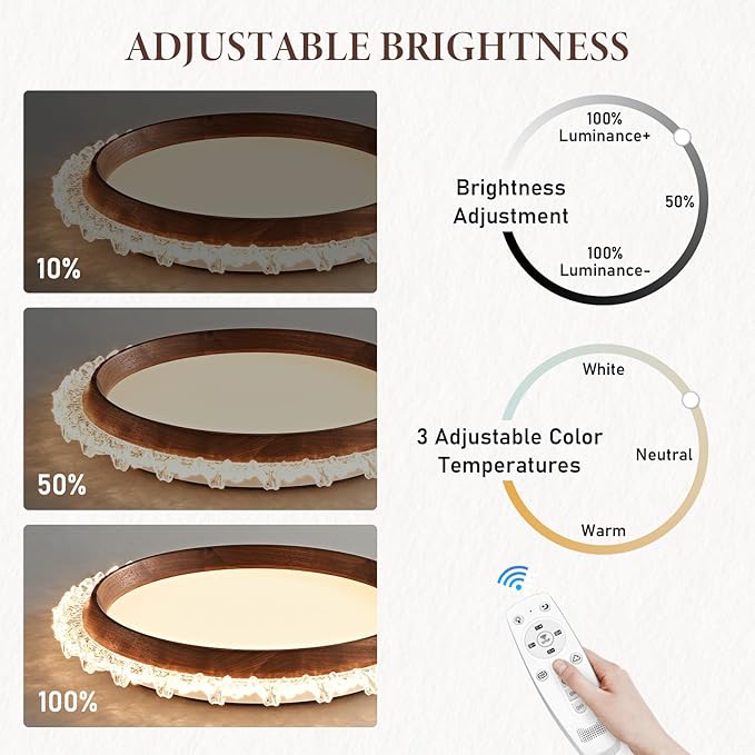 Modern LED Ceiling Light,Dimmable Wood Flush Mount Ceiling Light Fixture,3000K-6000K Round Remote Control Walnut Wood Ceiling Lamp Fixture for Bedroom,entrway,Laundry Room,Kitchen,Hallway,Living Room