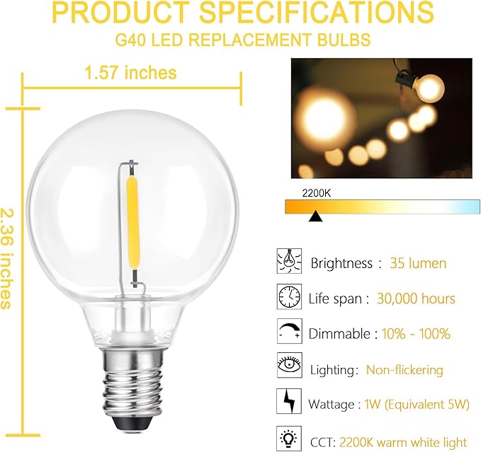 G40 LED Replacement Light Bulbs, E12 Shatterproof 1.5In LED Globe Bulbs for Outdoor String Lights, 1W Equvalent to 5 W Incandescent Edison Light Bulbs, 2200k Warm White （50 Pack ）