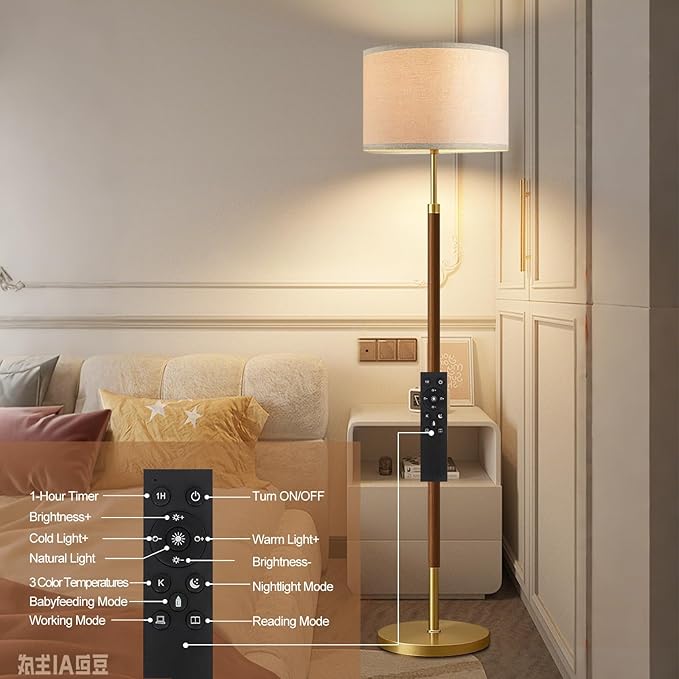 Wood Floor Lamps for Living Room Farmhouse Floor Lamp with Remote Control,Dimmable Vintage Floor Lamp Mid Century Modern Standing Lamp with 3 Color Temperature Tall Floor Lamps For Bedroom Corner