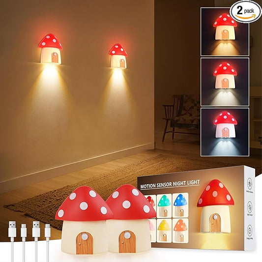 Motion Sensor Mushroom Lamp, Rechargeable Battery Night Light with 3 Color Temperatures, Adjustable Brightness, Magnetic Mushroom Nightlight for Hallway, Bedroom, Kids Gift, Red,2 Pack