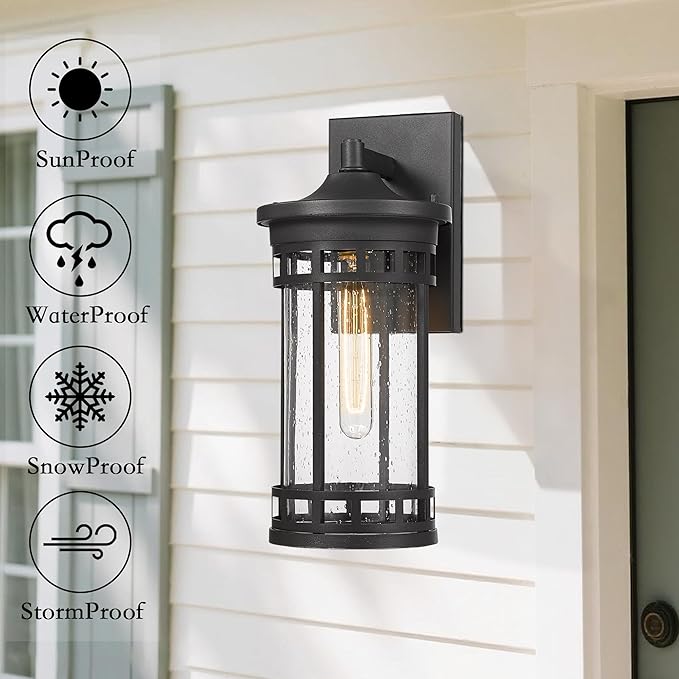 Outdoor Wall Sconce, Farmhouse Outdoor Wall Lantern with Seeded Glass ,Waterproof Exterior Lighting Fixture, Anti-Rust lamp Light for Patio Yard House Hallway Doorway Garage (Black,14.93 Inch Height)