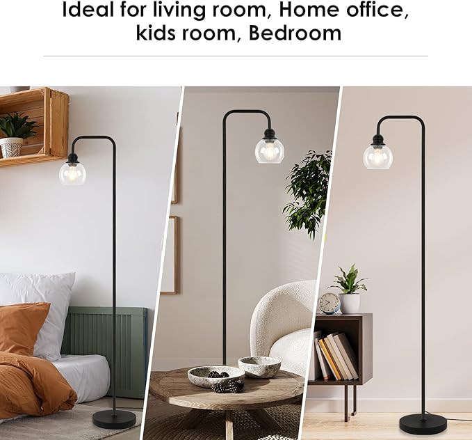 Modern Floor Lamps for Living Room with 6W LED Bulb, Industrial Floor Lamp, Clear Glass, Black Classic Reading Tall Lamp for Home Office, Standing Lamps for Bedroom, Study, Minimalist, Vintage