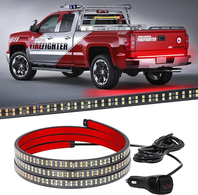 XRIDONSEN 60 inch Red Truck Emergency Lights Strip 360 LED Tailgate/Rear Window Light Bar Firefighter Lights Flashing Warning Hazard Safety First Responder Lights for Vehicles Fire Trucks Pickup POV
