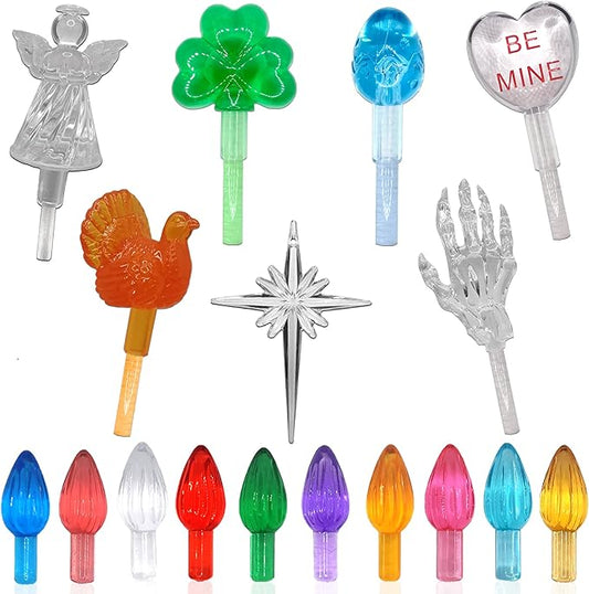 110Pcs in 10 Colors Ceramic Christmas Tree Replacement Lights - Plastic Bulbs Pegs, Included Angel Topper/Heart Top/Cross Stars/Egg/Turkey/Skeleton Hand/Clover.