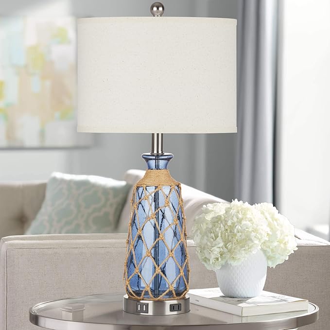 25.5" Coastal Glass Table Lamps Set of 2, 3-Way Dimmable Touch Control Bedside Lamps with 2 USB Ports and AC Outlet, Blue Nautical Nightstand Lamps for Bedroom Living Room (LED Bulbs Included)