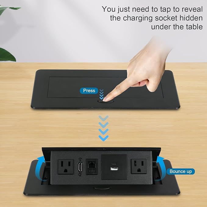 Table Pop Up Outlet,Automatic Pop up Strip Center countertop Socket Recessed Multimedia Strip Socket & USB+ 2AC+ LAN Network Connection Box Desktop HDMI for Conference Desk, Office, Hotel(Black-2)