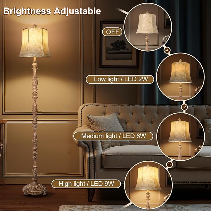 Scenekoy Vintage 66” Tall Floor Lamp for Living Room Bedroom, Resin Carved Standing Lamp with Faux Leather Shade, Adjustable Bulb, Rotary Switch Rustic Lamp for Home Decor (Light Brown)