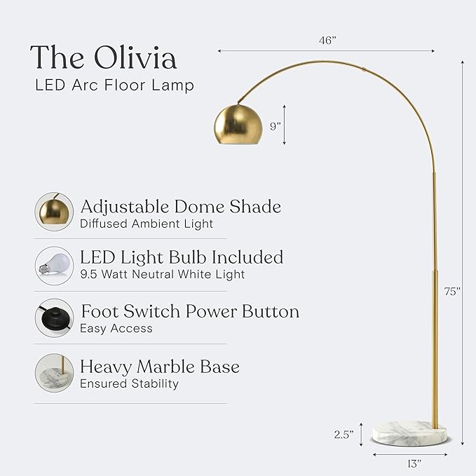 Brightech Olivia Floor Lamp - Chic Arc Lamp with Rounded Spolight Head and Marble Base for Living Room, Tall Standing Lamp with LED Light Bulb for Bedroom Reading, Boho Home Decor for Office - Brass