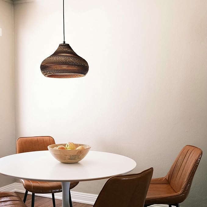 Edvivi Nordic Pendant Light, Modern Black Hanging Light Fixture with Brown Origami Paper Shade, Adjustable Height Hanging Lamp for Bedroom, Kitchen, Living Room, Dining Table
