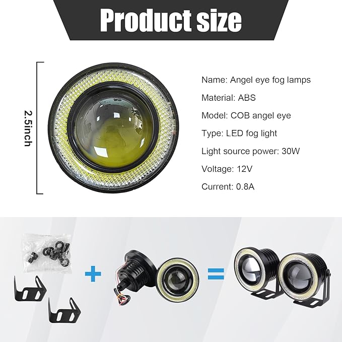 2 PCS Car Angel Eye Fog Light, 2.5'' Round COB LED Super Bright High Power Fog Angel Eye Projector with Halo Rings, Universal DRL Daytime Driving Light Fog Lamp Bulbs (Ice Blue)