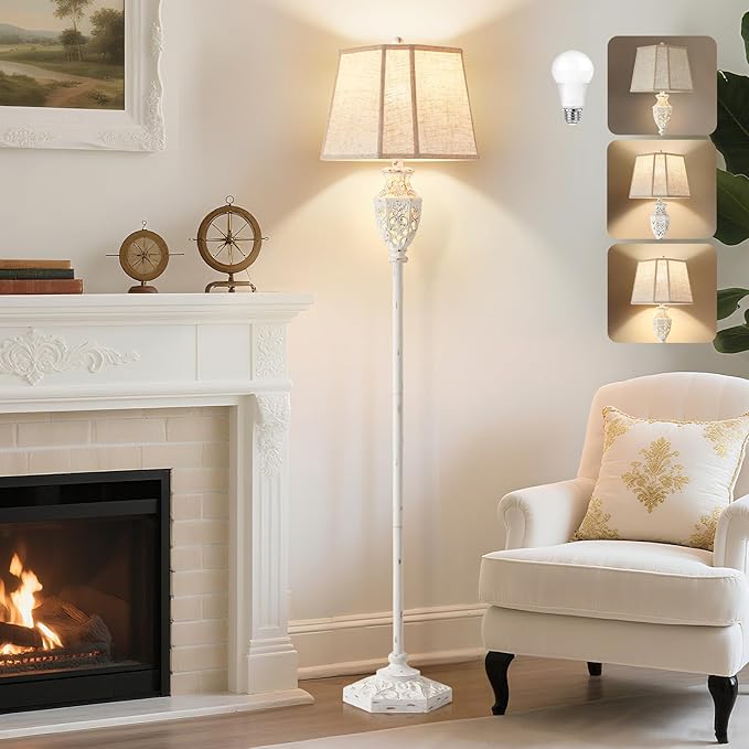 Luvkczc Rustic Floor Lamp - Resin Carved Base with Hollow Night Light, Farmhouse Floor Lamps, Vintage Standing Lamp for Living Room, Bedroom (Includes Bulb)