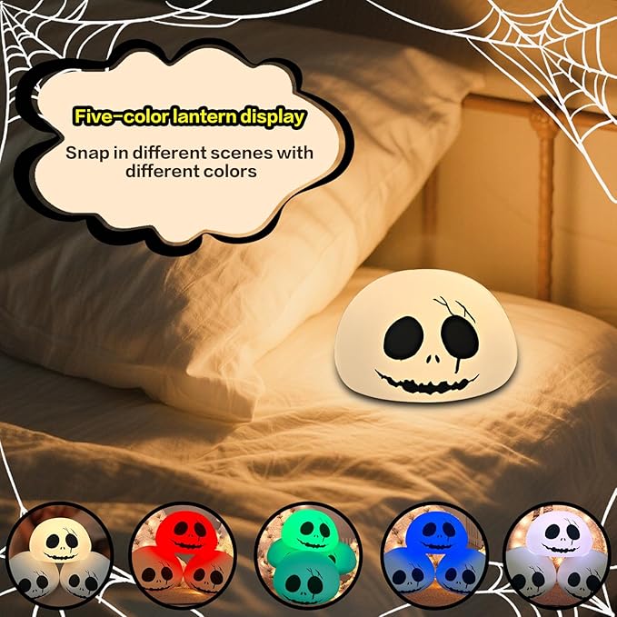 Cute Creative Christmas Skeleton Face Silicone Tap Light - Battery Powered, Multi-Color Changing, Safe and Soft for Indoor Holiday Decoration (White Skellington)
