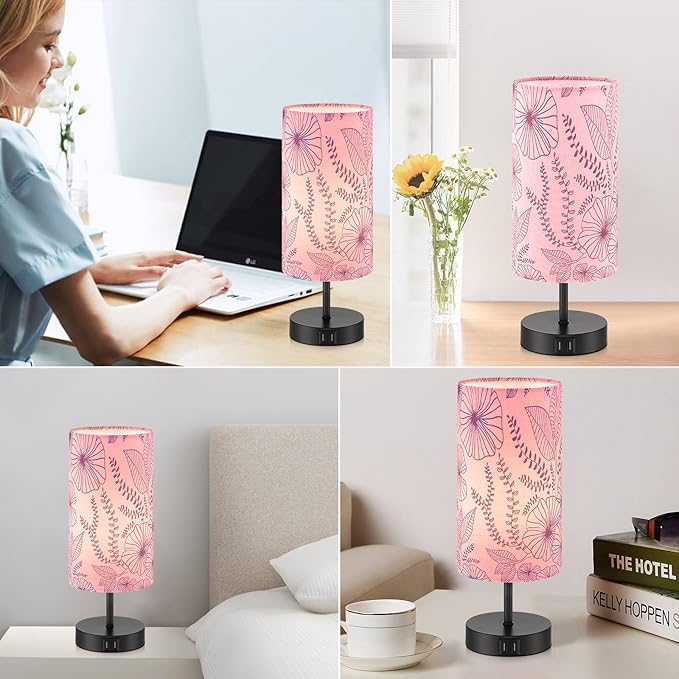 Touch Control Bedside Lamp with 2 USB Ports, 3-Way Dimmable Table lamp for Bedroom, Nightstand Lamp with Round Pink Flower Fabric Shade for Living Room Home Office (E26 LED Bulb Included)