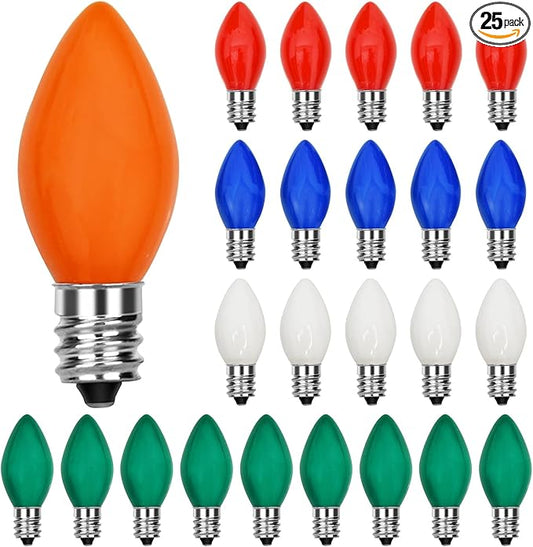 C7 Multicolor Incandescent Christmas Light Bulbs, 25 Pack Ceramic Replacement Bulbs for Ceramic Christmas Tree, Vintage C7/E12 Candle Bulbs, 120V 5W Durable Glass Indoor Outdoor Use